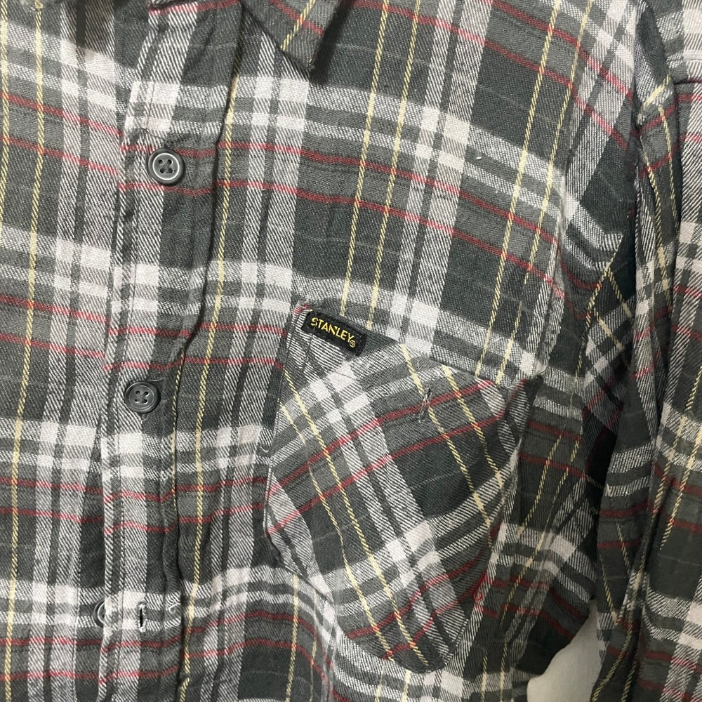 Stanley Mens Plaid Flannel Button Down Shirt Grey Red White Long Sleeve‎ Large